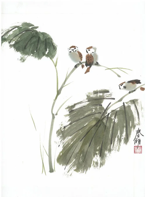 Three Birds on Banana Leaves - Original Sumi-e Painting - 11